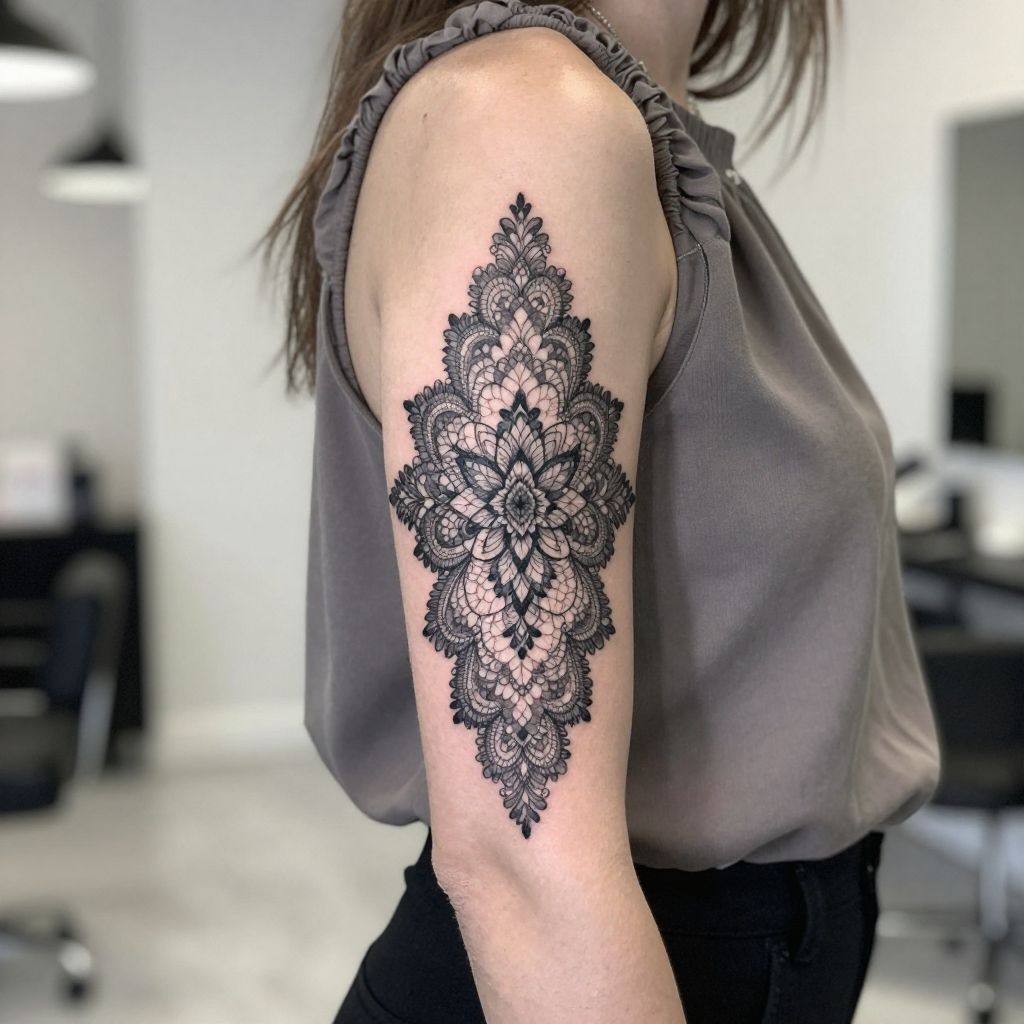 Ornamental lace elbow tattoo idea