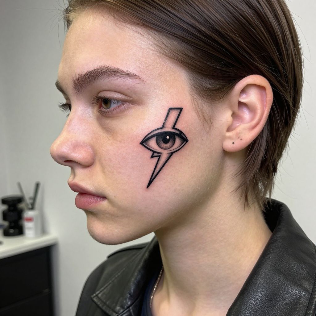 Tiny Lightning Eye face tattoo idea