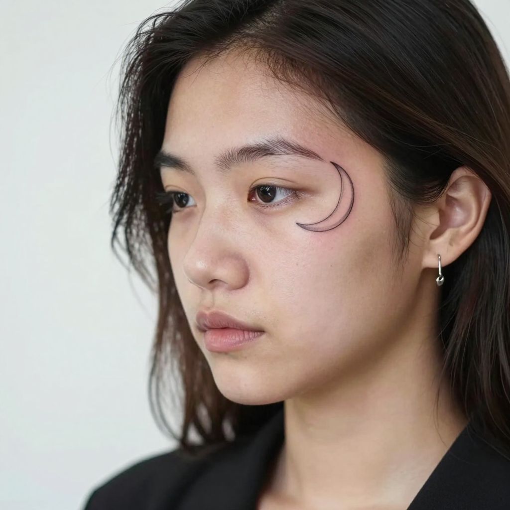 Fine Line Crescent Moon face tattoo idea