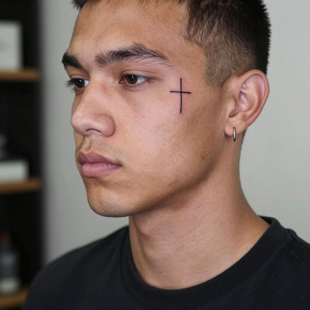 Minimal Cross face tattoo idea