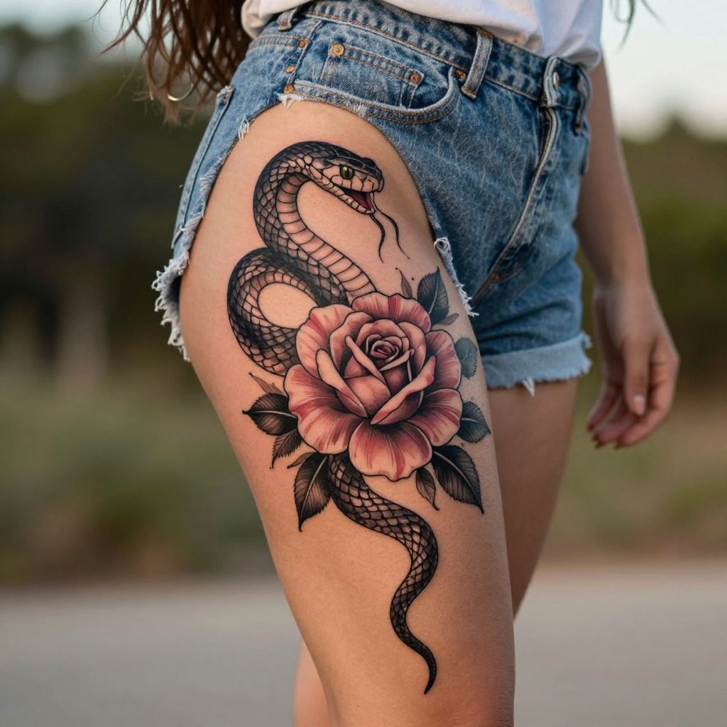 Serpent And Flower Combo tattoo idea