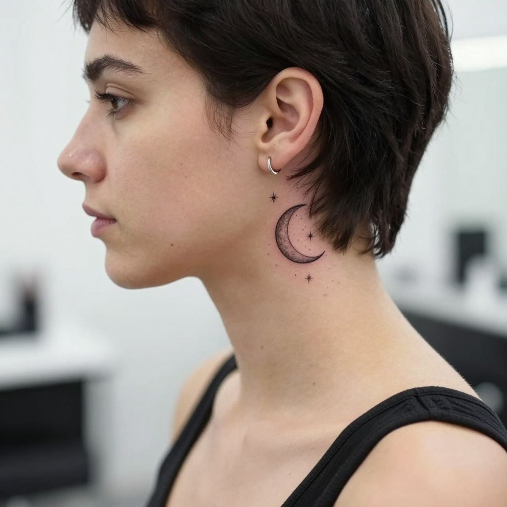 Fine Line Crescent Moon Behind the Ear