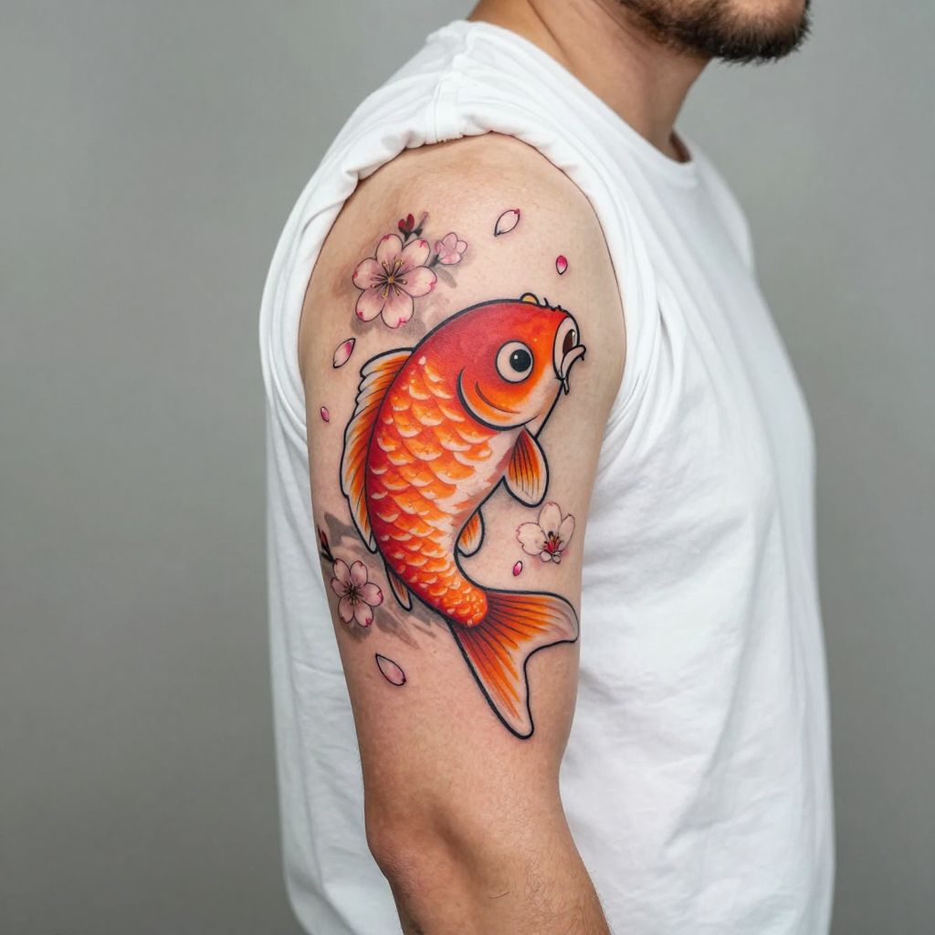Cartoon Koi Fish with Cherry Blossoms