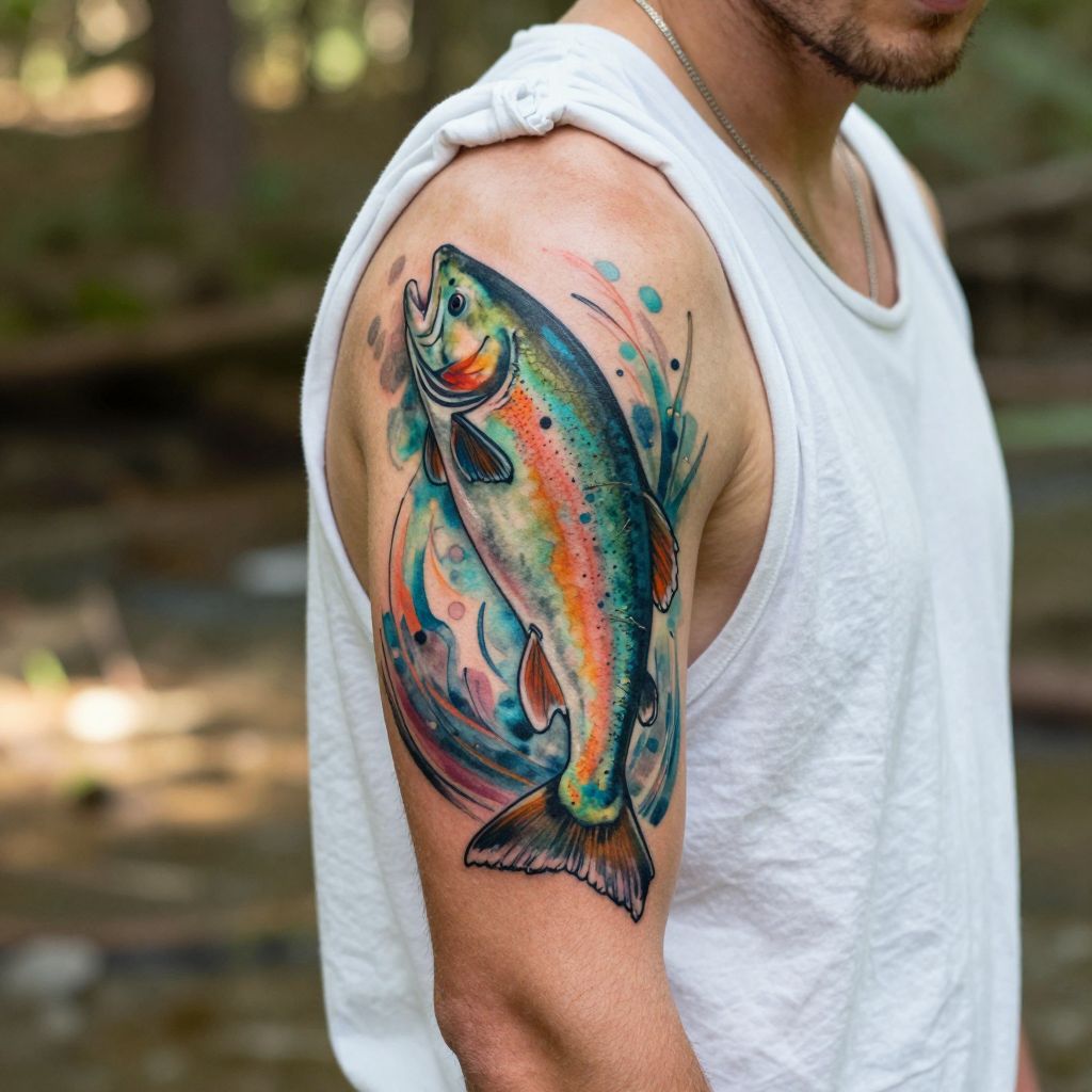 Watercolor Fish Swimming Upstream
