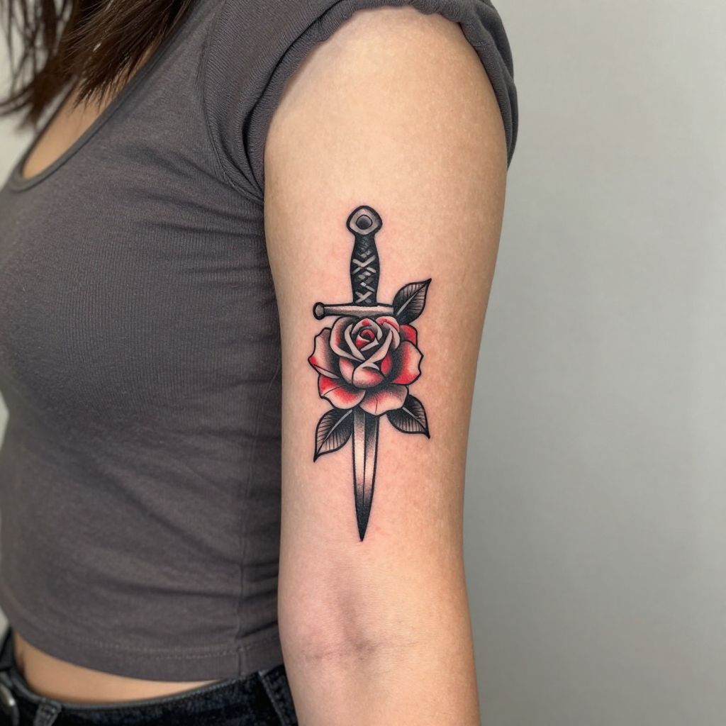 Tiny dagger with rose flash tattoo ideas