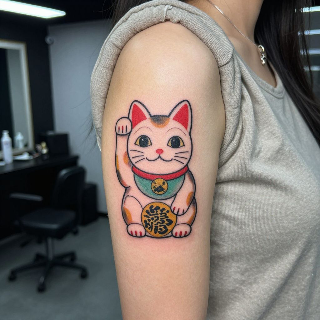 Smiling lucky cat flash tattoo ideas