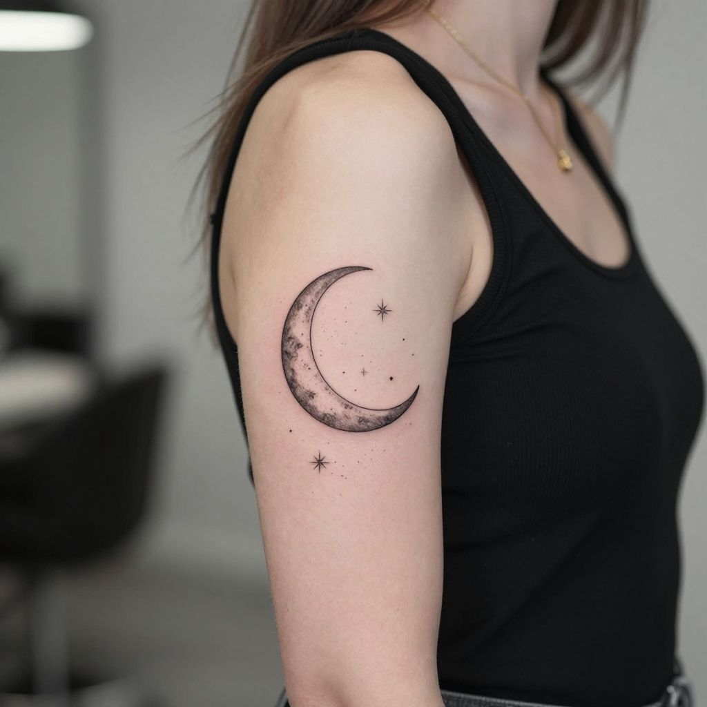 Crescent moon and star cluster flash tattoo ideas