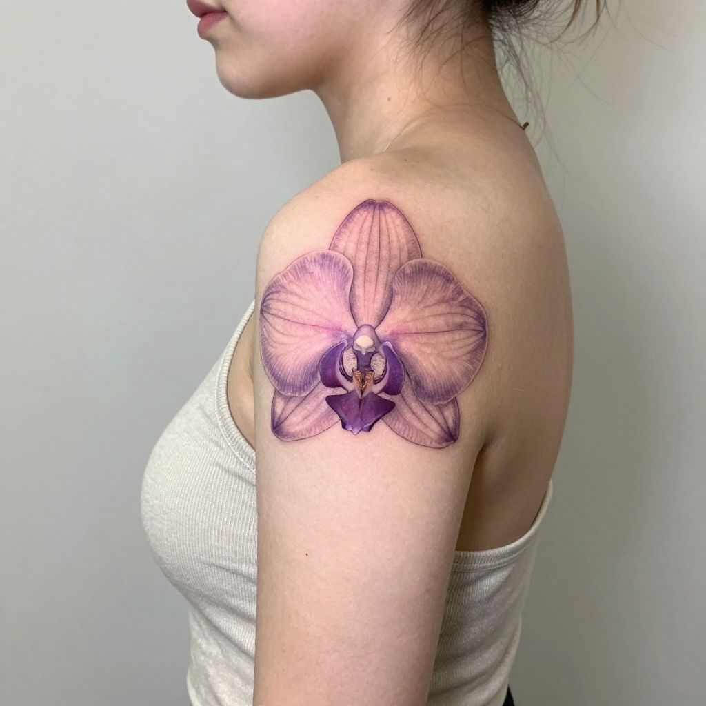 Orchid Back Shoulder Tattoo