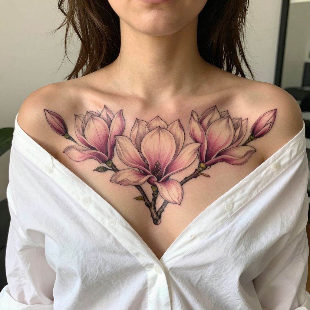 Magnolia Sternum Tattoo