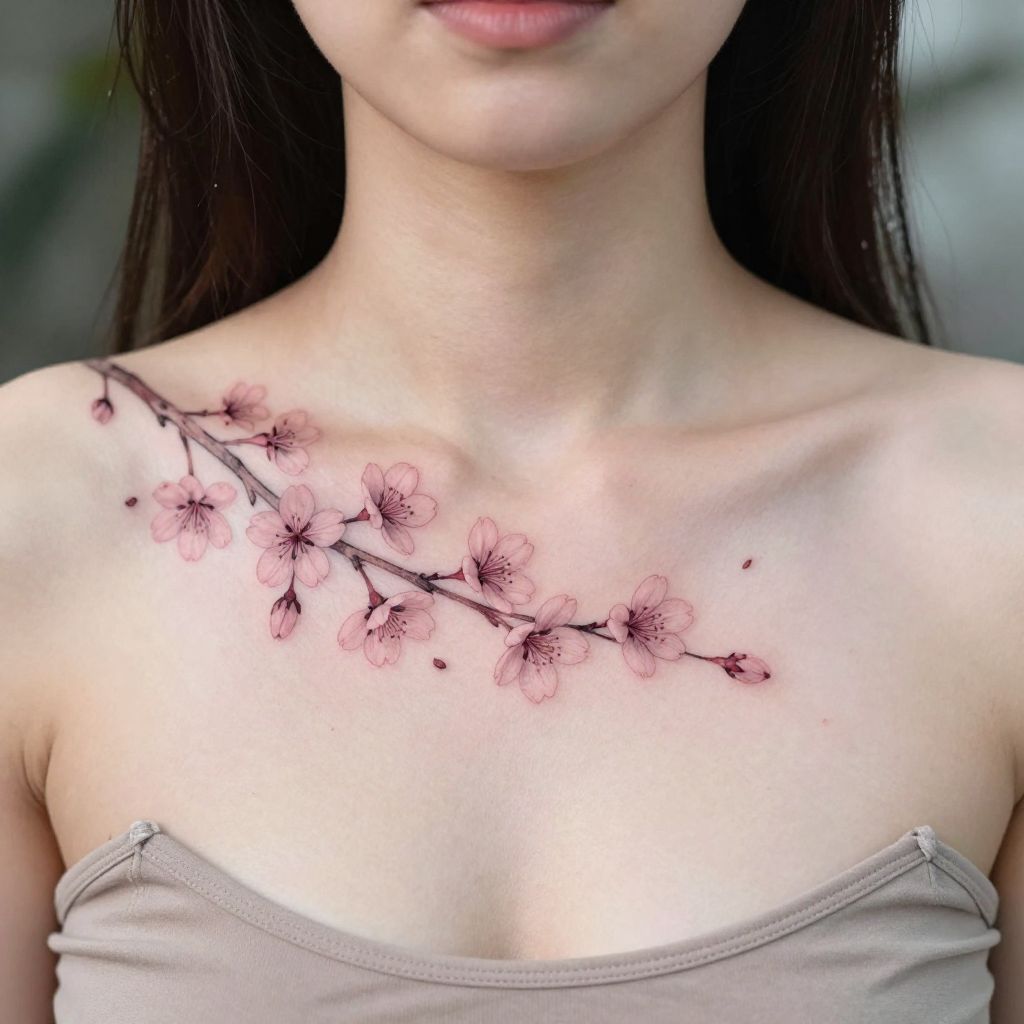 Cherry Blossom Collarbone Tattoo