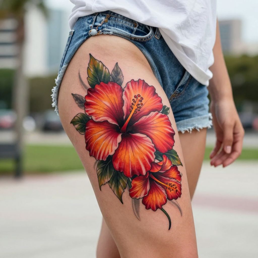 Hibiscus Thigh Tattoo