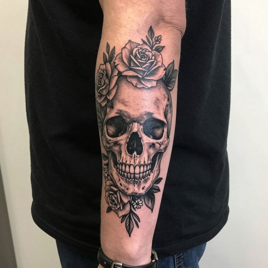 Skull with Florals forearm tattoo idea