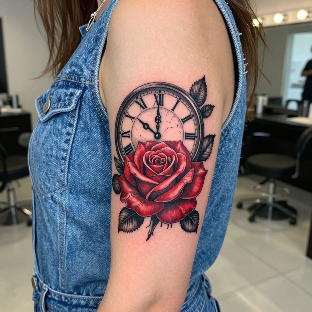 Clock and Rose forearm tattoo idea