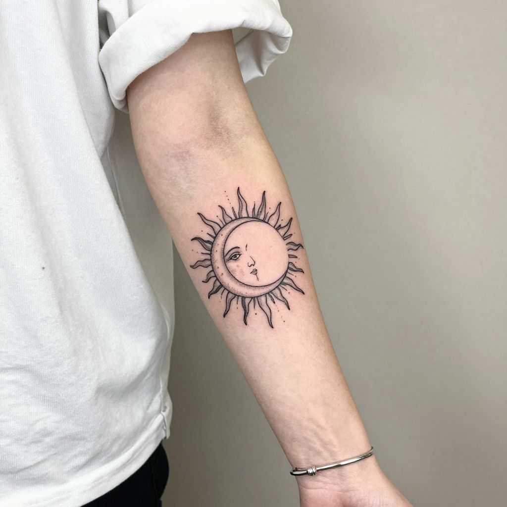 Minimal Sun and Moon forearm tattoo idea