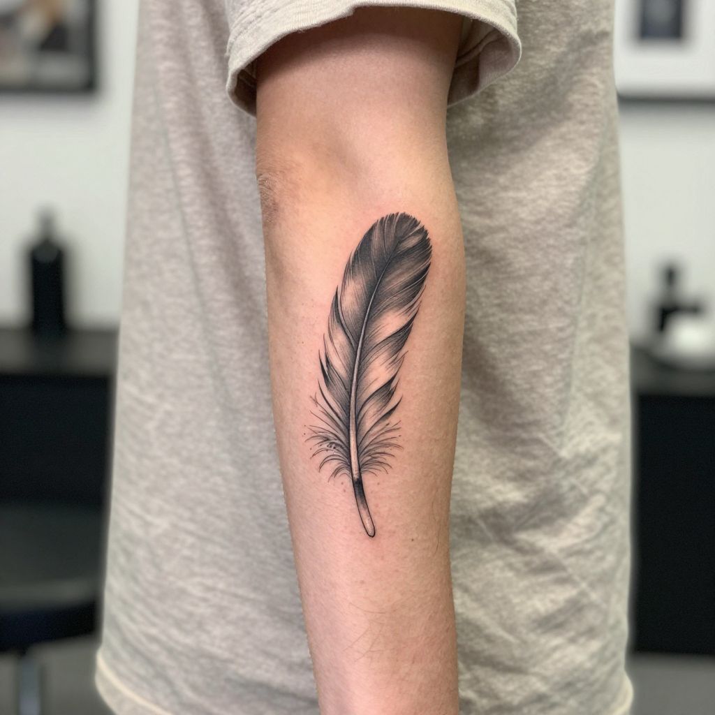 Feather with Motion forearm tattoo idea