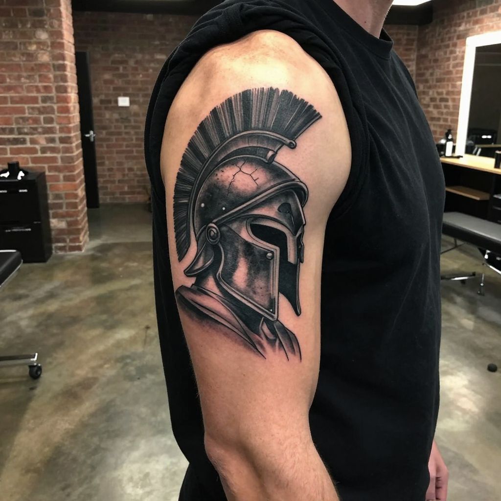 Spartan helmet forearm tattoo ideas for men