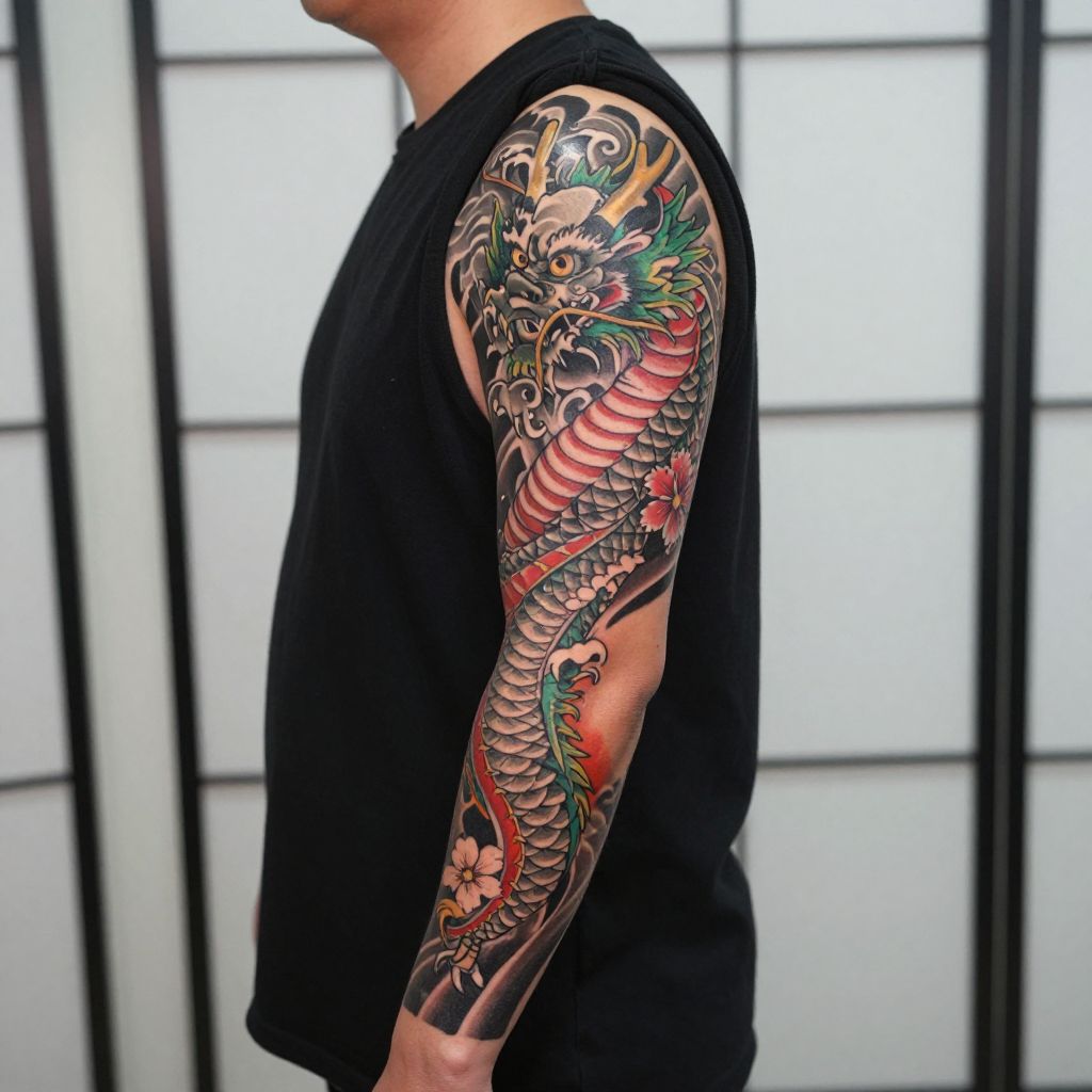 Japanese Dragon Flow full sleeve tattoo idea