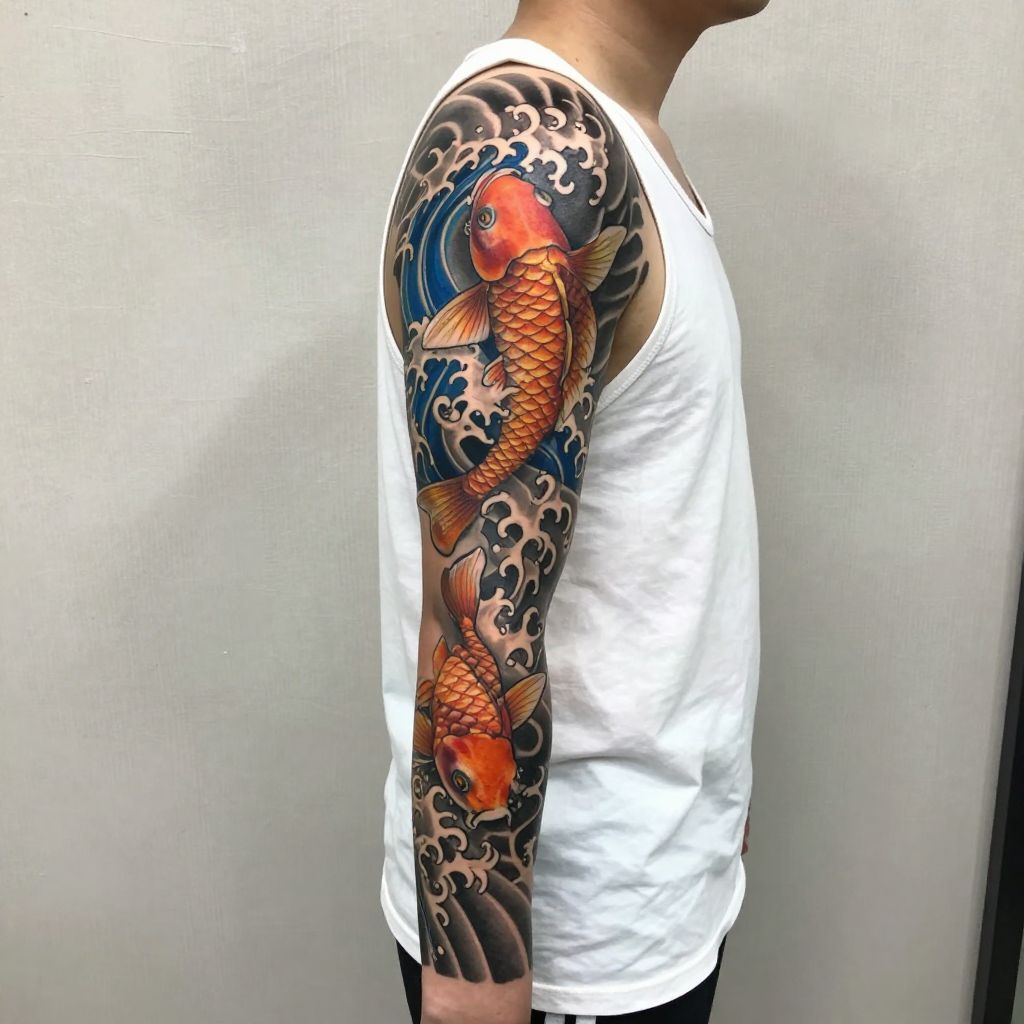 Ocean Wave and Koi Sleeve full sleeve tattoo idea