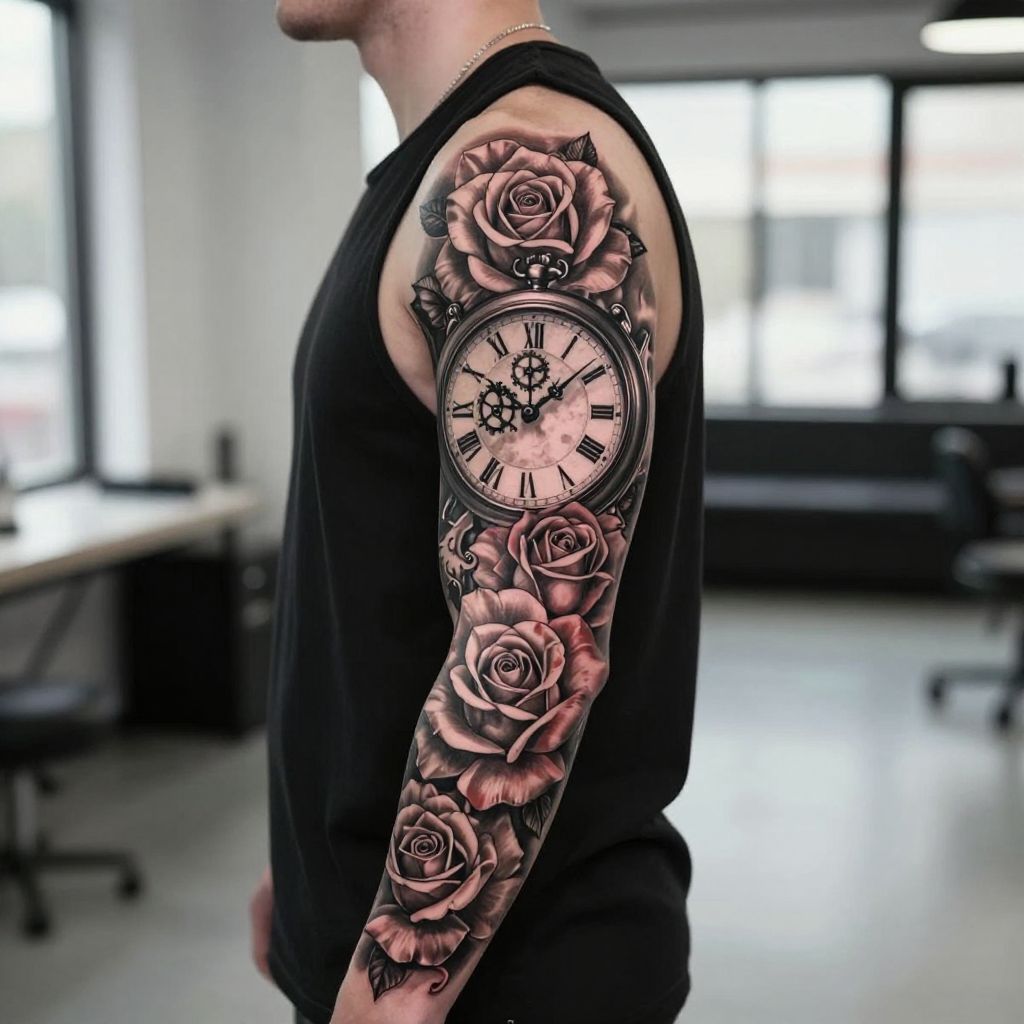 Clock and Rose Sleeve full sleeve tattoo idea