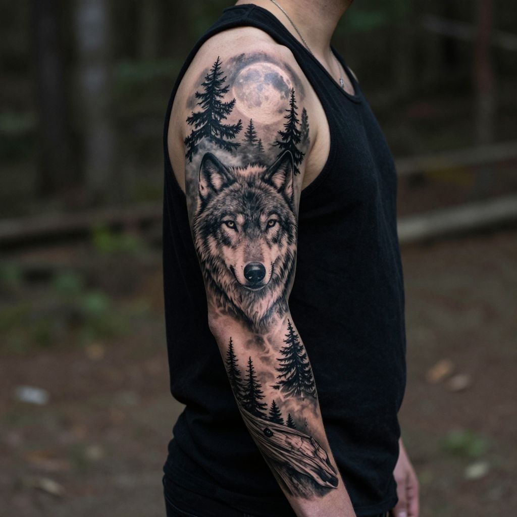 Wolf and Forest Sleeve full sleeve tattoo idea