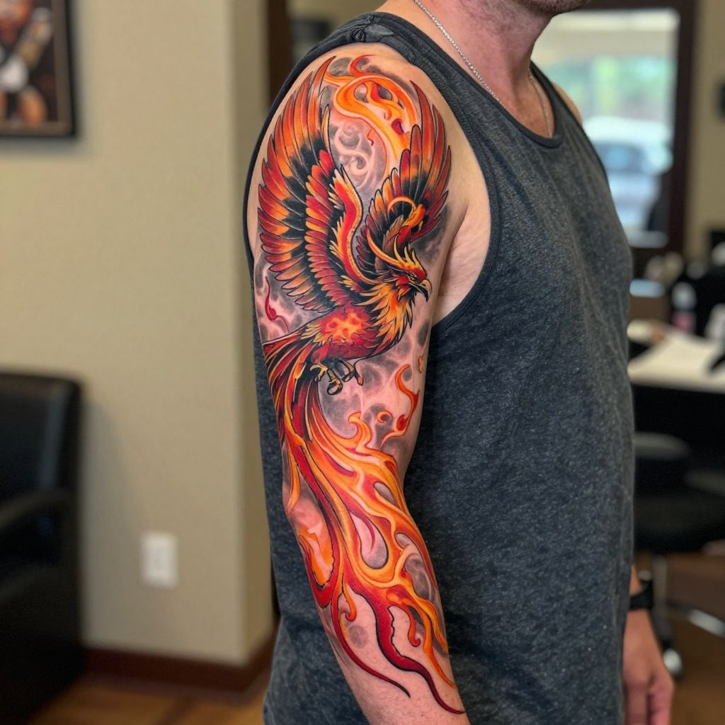 Phoenix Flame Sleeve full sleeve tattoo idea