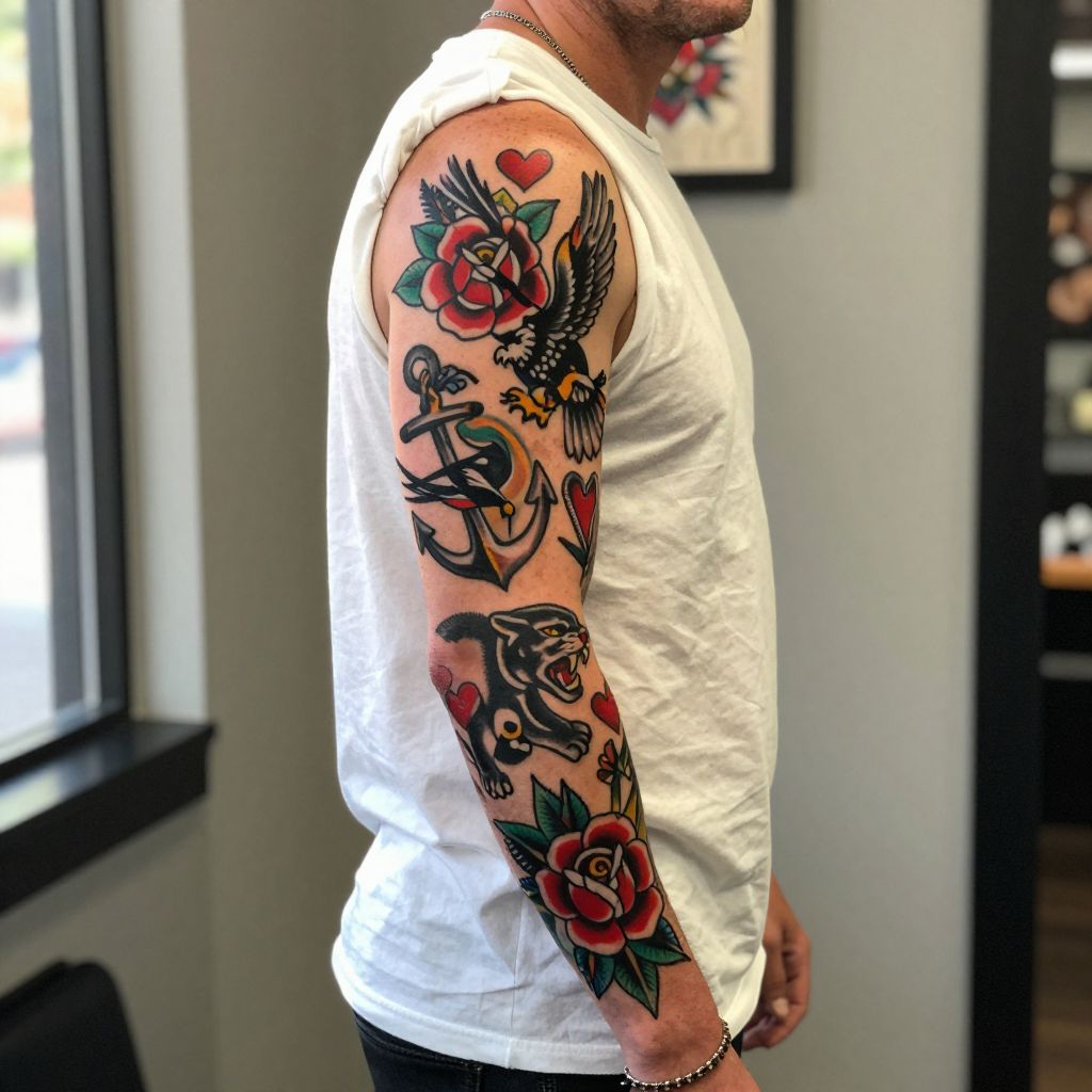 American Traditional Patch Work Sleeve full sleeve tattoo idea