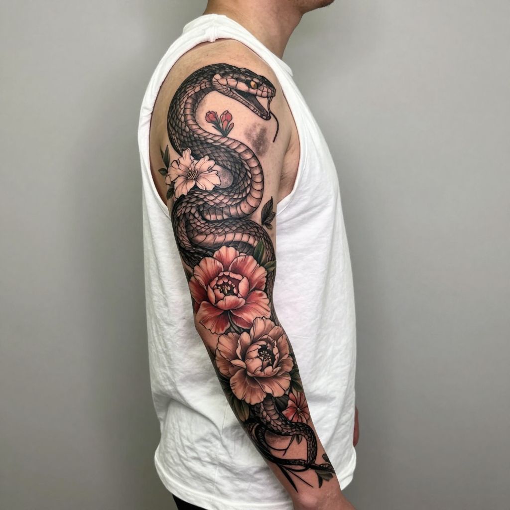 Floral and Snake Contrast Sleeves full sleeve tattoo idea
