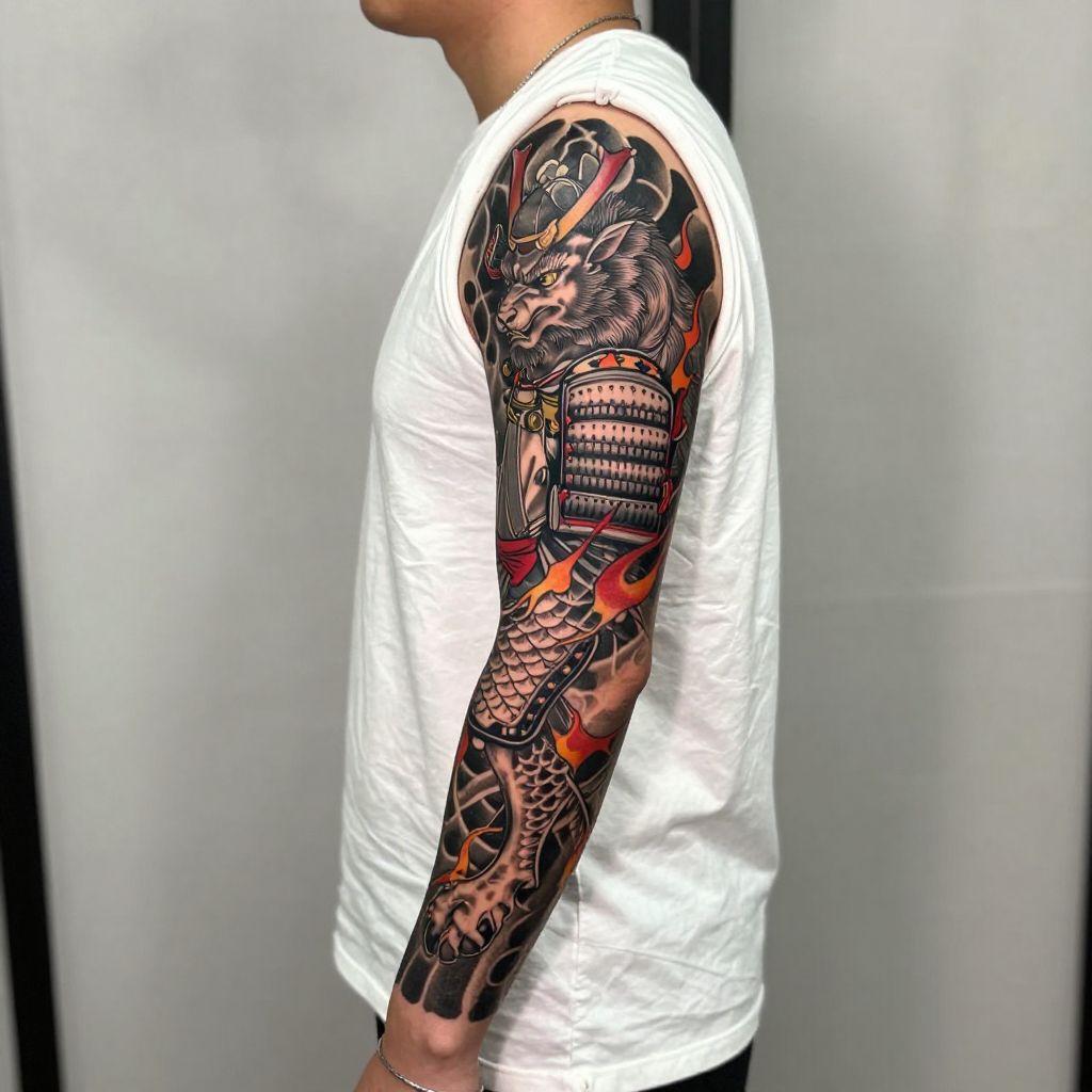 Samurai and Kirin Sleeve full sleeve tattoo idea