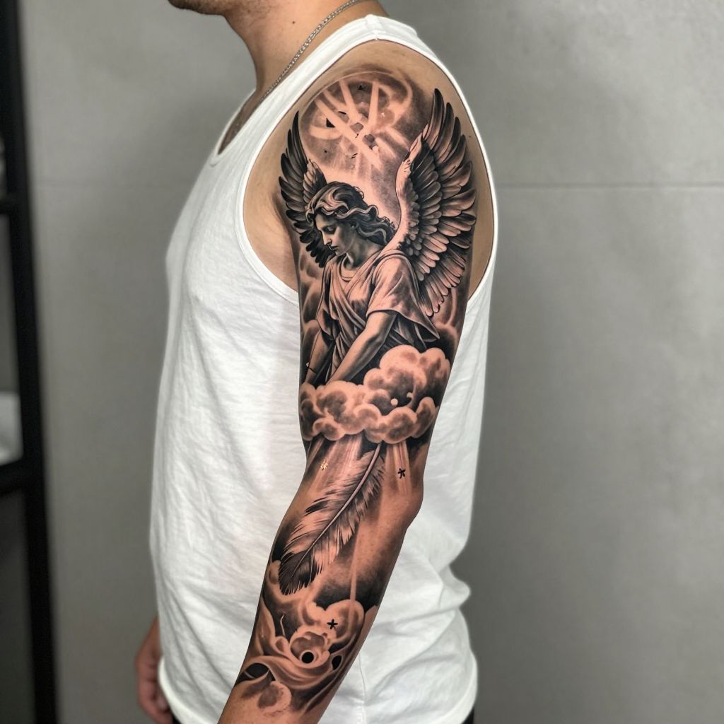 Angel and Cloud Sleeve full sleeve tattoo idea