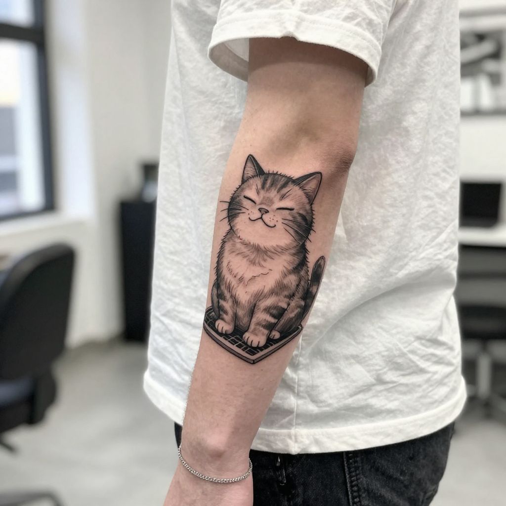 The Cat Typing on Laptop Sketch Tattoo