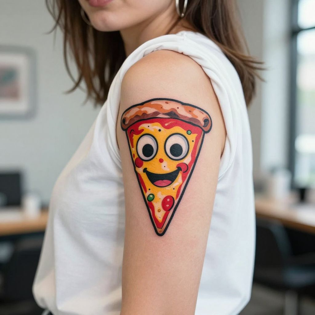 The Pizza Slice with a Face Sticker Style Tattoo