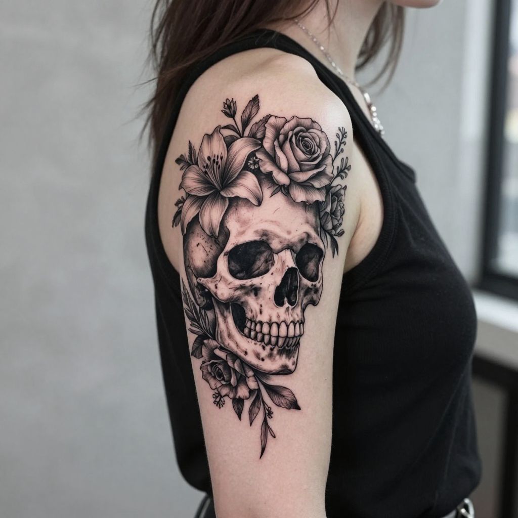 Gothic Skull with Floral Crown goth tattoo idea