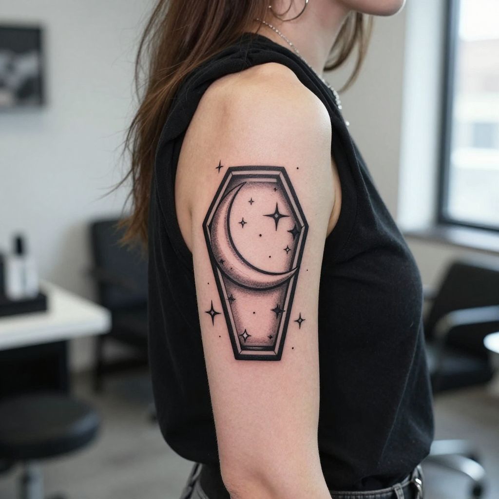 Crescent Coffin with Stars goth tattoo idea