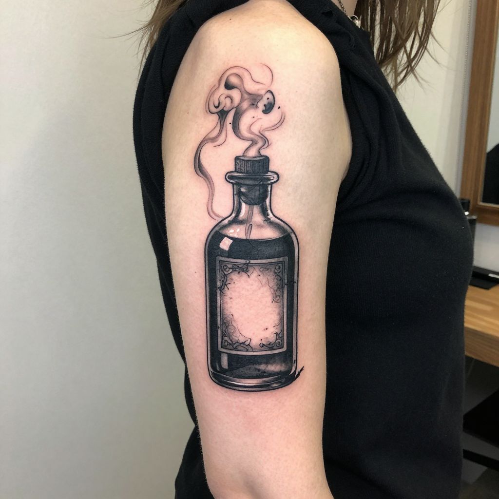 Poison Bottle with Smoke Plume goth tattoo idea