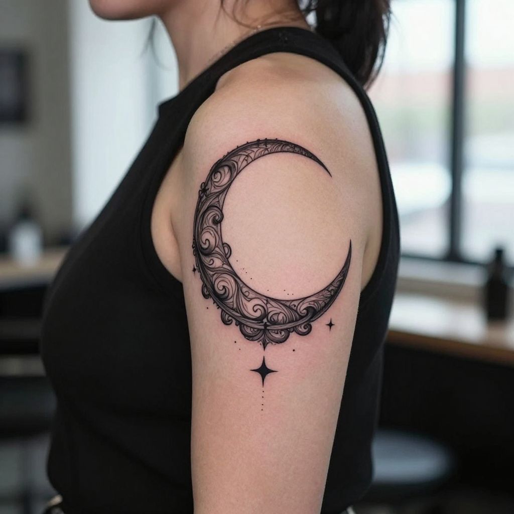 Crescent Moon with Baroque Ornament goth tattoo idea
