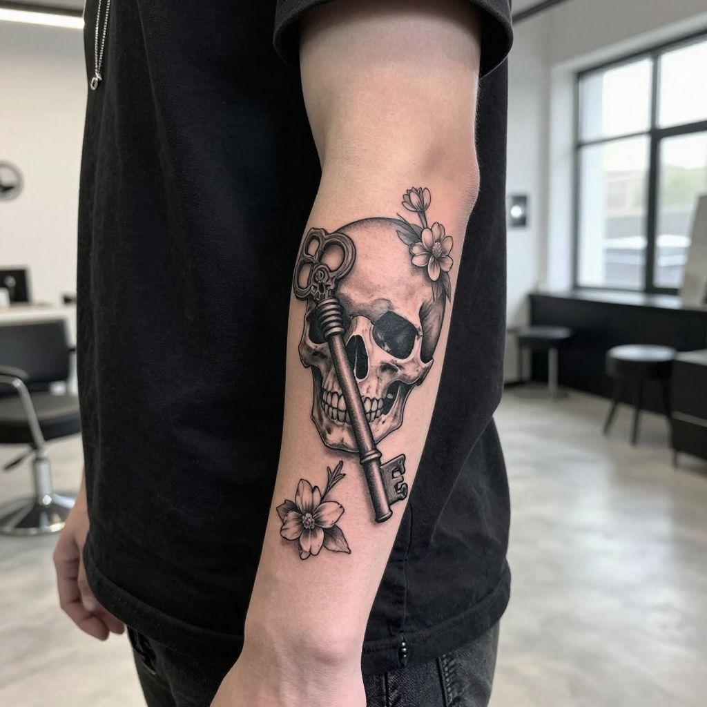 Victorian Key and Flowering Skull goth tattoo idea