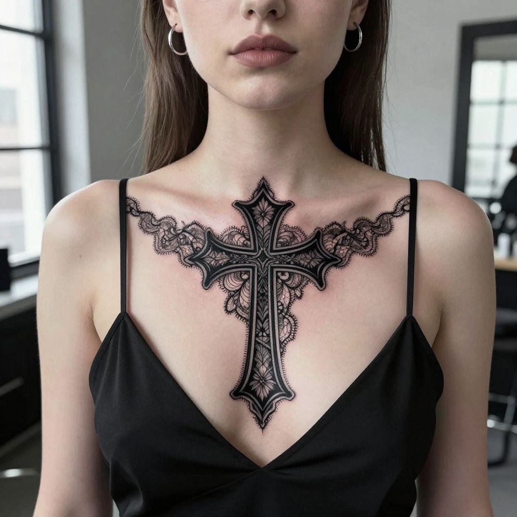 Gothic Cross with Lace Detail goth tattoo idea