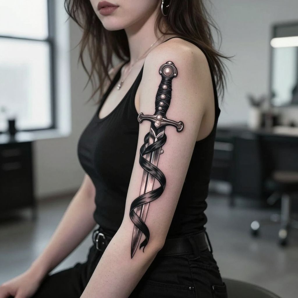 Pearl Dagger with Black Ribbon goth tattoo idea