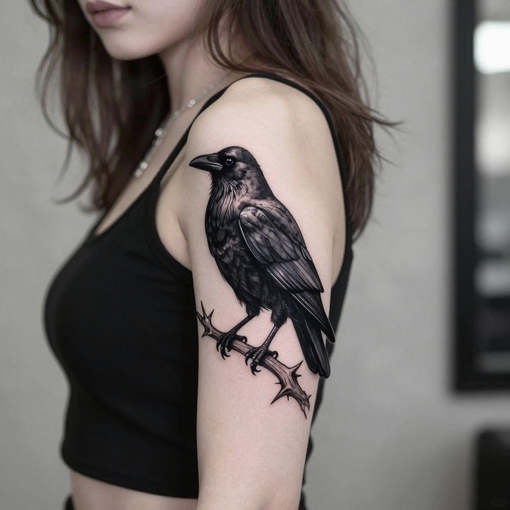 Raven Perched on a Branch goth tattoo idea