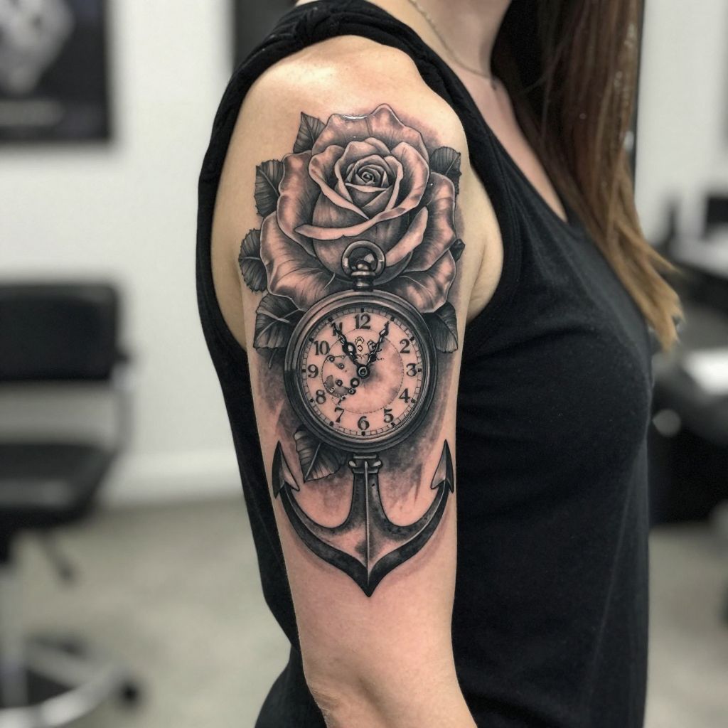 Black and Grey Rose and Clock Half Sleeve