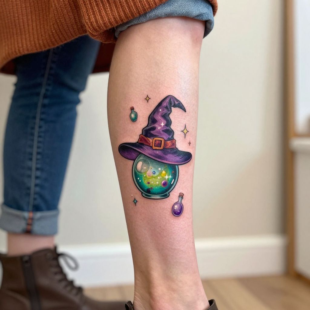 Witch Hat with Sparkles and Potion Bottles