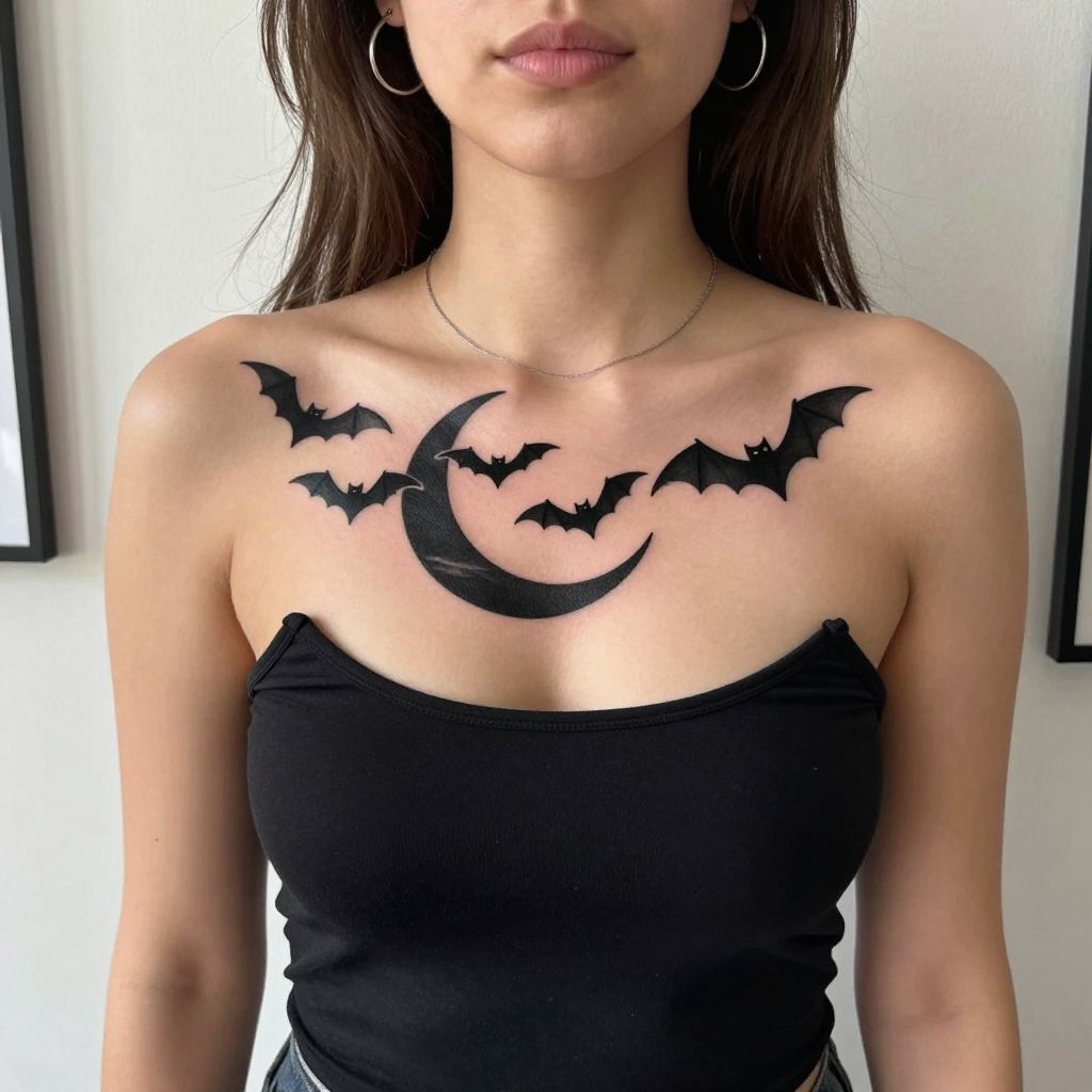 Bats Flying Across a Crescent Moon