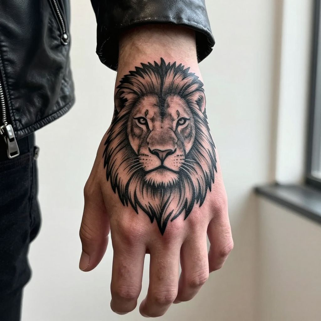 Blackwork Lion Head hand tattoo idea for men