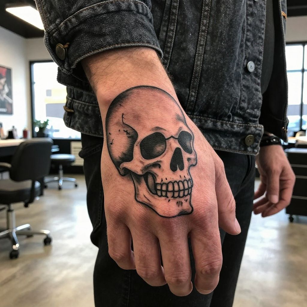 Skull with Minimal Shadow hand tattoo idea for men