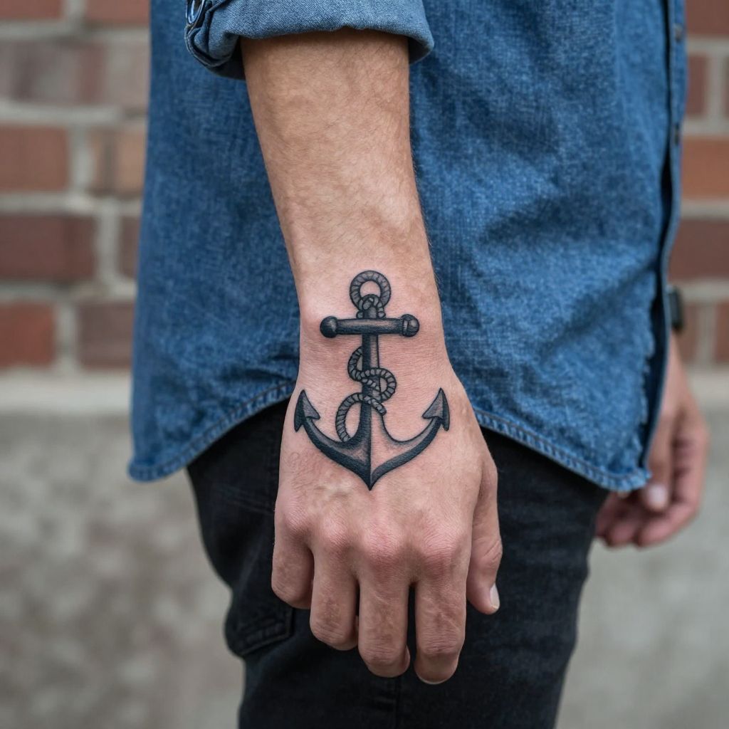 Anchor with Rope Detail hand tattoo idea for men