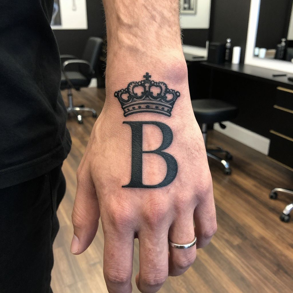 Crowned Initial hand tattoo idea for men