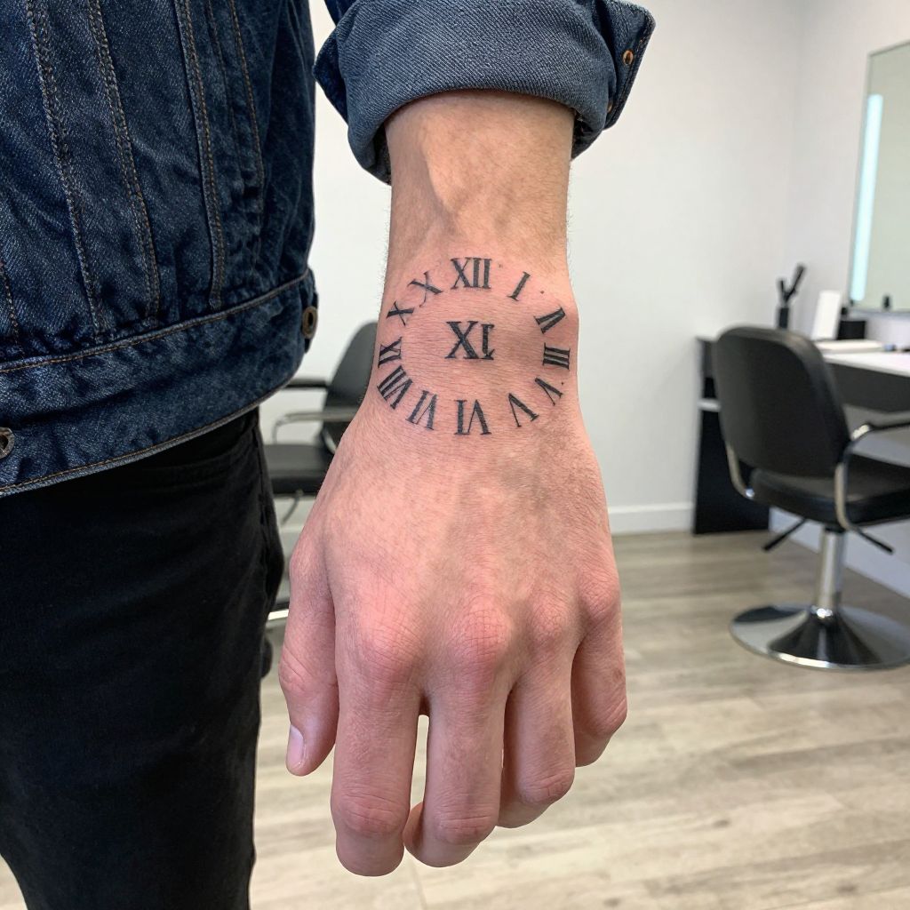 Roman Numeral Date hand tattoo idea for men