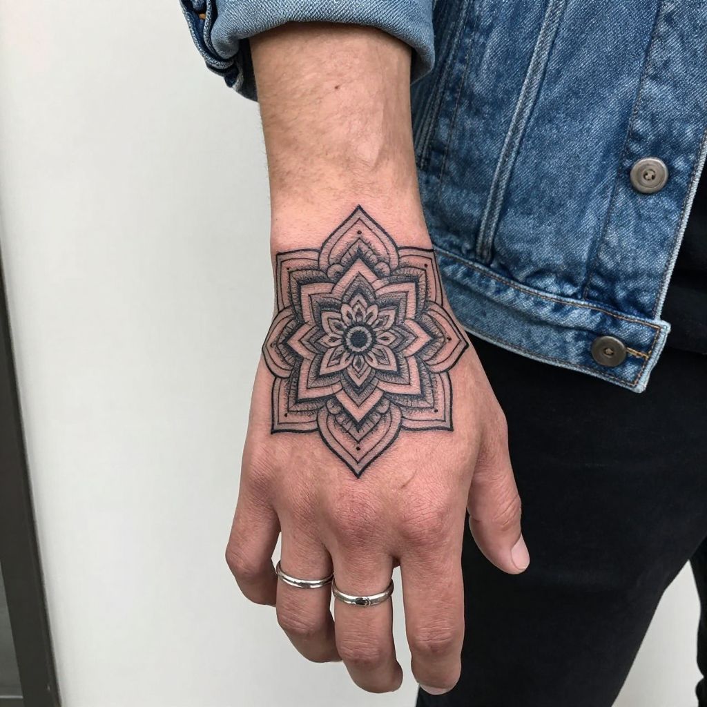 Sacred Geometry Mandala hand tattoo idea for men