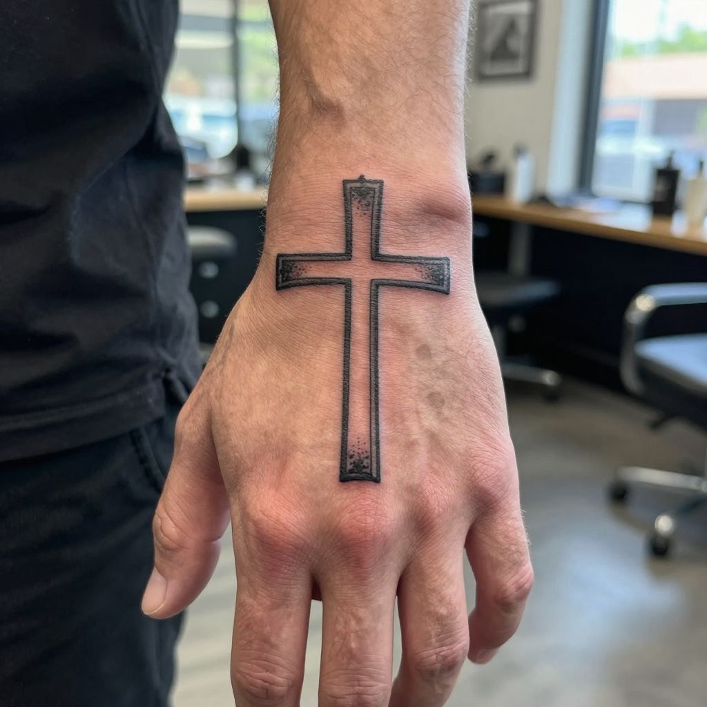 Cross with Fine Line Detail hand tattoo idea for men