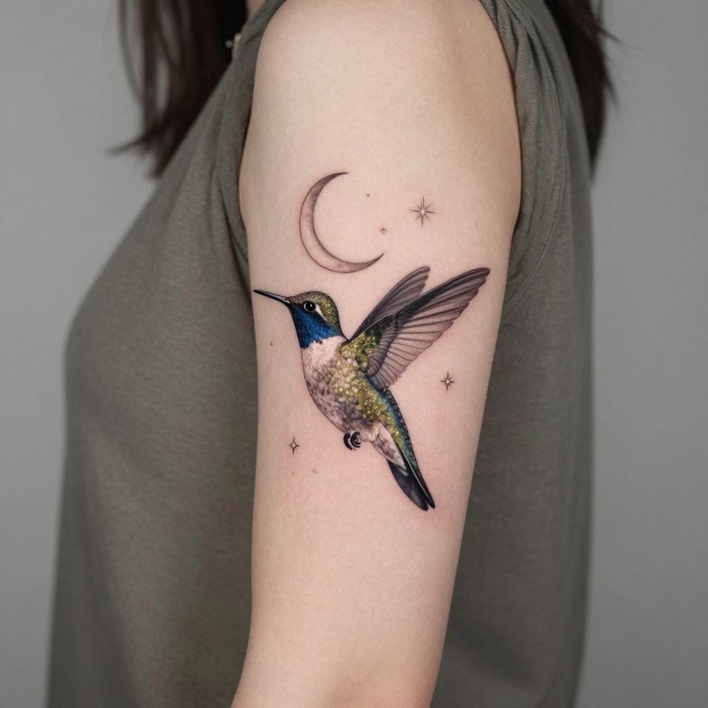 Hummingbird With Moon and Stars tattoo idea